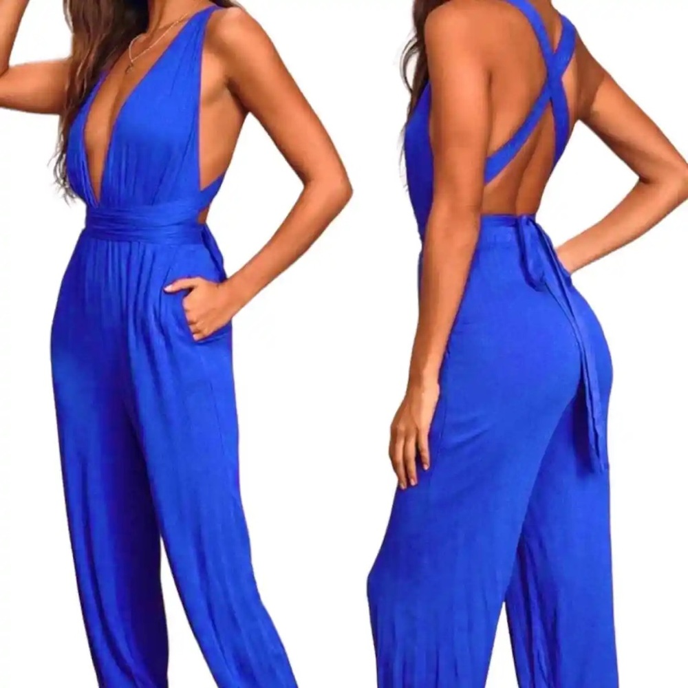 Lulus Jumpsuit NWT Halter Convertible Strap Royal Blue Harem Pant Leg